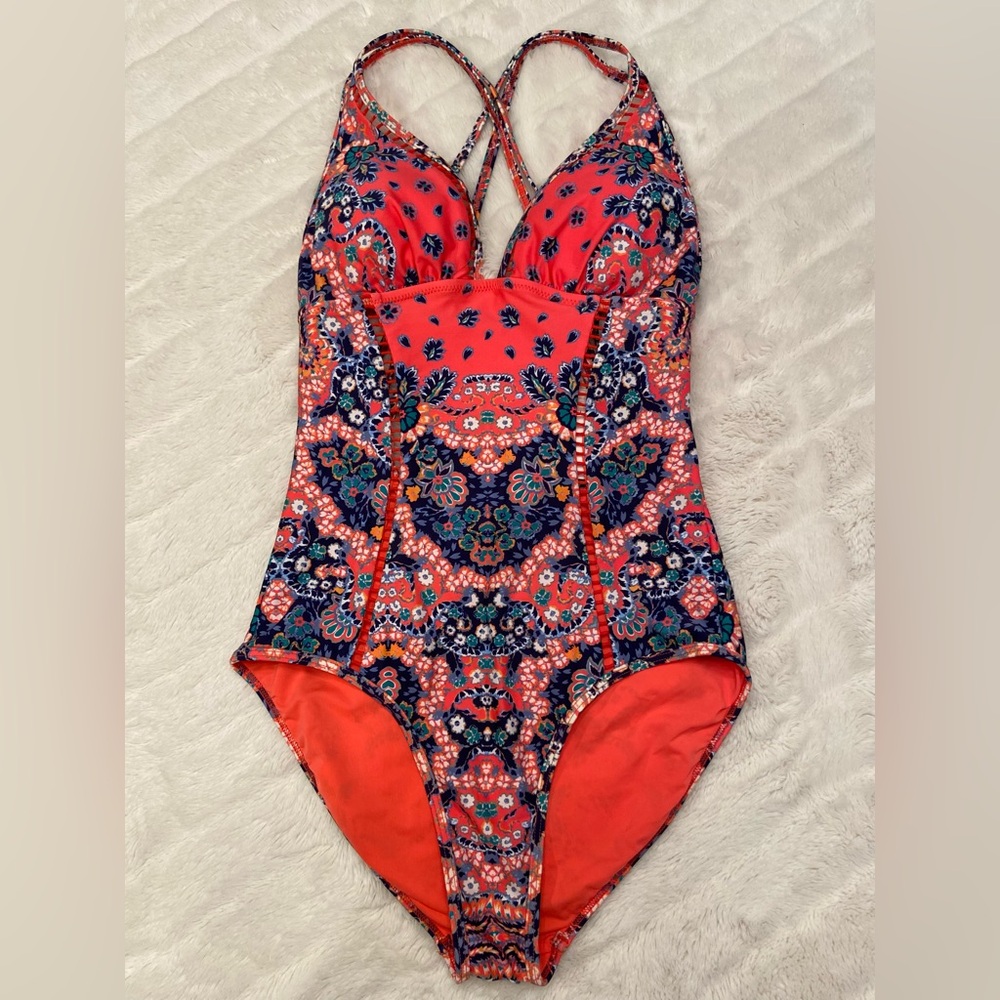 Red Carter One Piece Swimsuit Bold Red and Blue Medallion Design